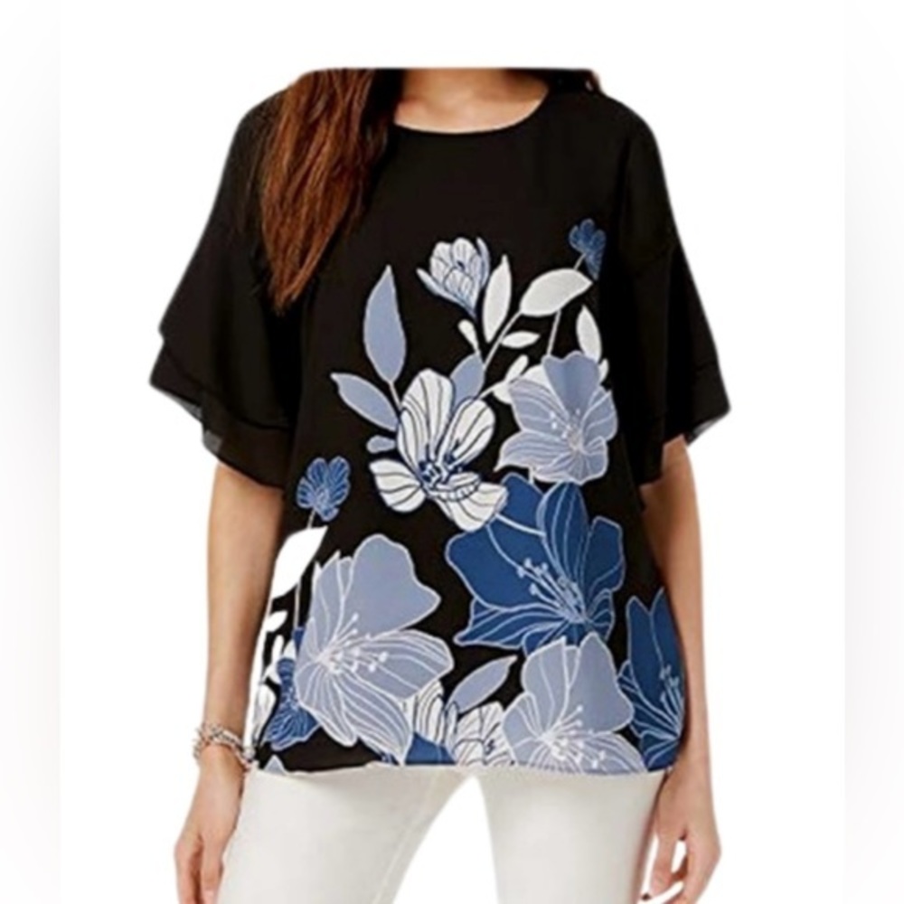💙 Alfani Floral Blouse - Size Medium | Blue, Black & White 💙